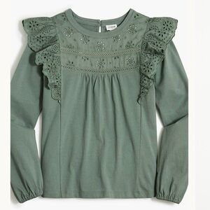 J. Crew Eyelet Ruffle Blouse Top Long Sleeve Olive Green Cotton Size Small